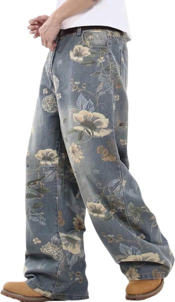 Baggy Jeans Men Flower Print Graphic Jeans Harajuku Wide Leg Boyfriend Denim Pants Streetwear