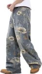 Baggy Jeans Men Flower Print Graphic Jeans Harajuku Wide Leg Boyfriend Denim Pants Streetwear