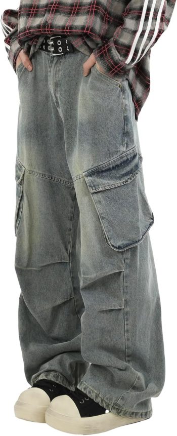 Men Teens  Baggy Cargo Jeans Washed Wide Leg Hip Hop Denim Pants Casual Loose Fit Trousers Streetwear with Pocket